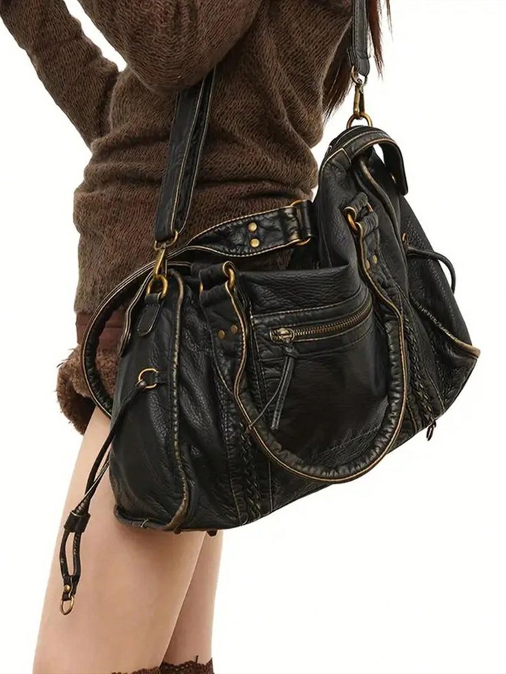 black leather bag, gold accents